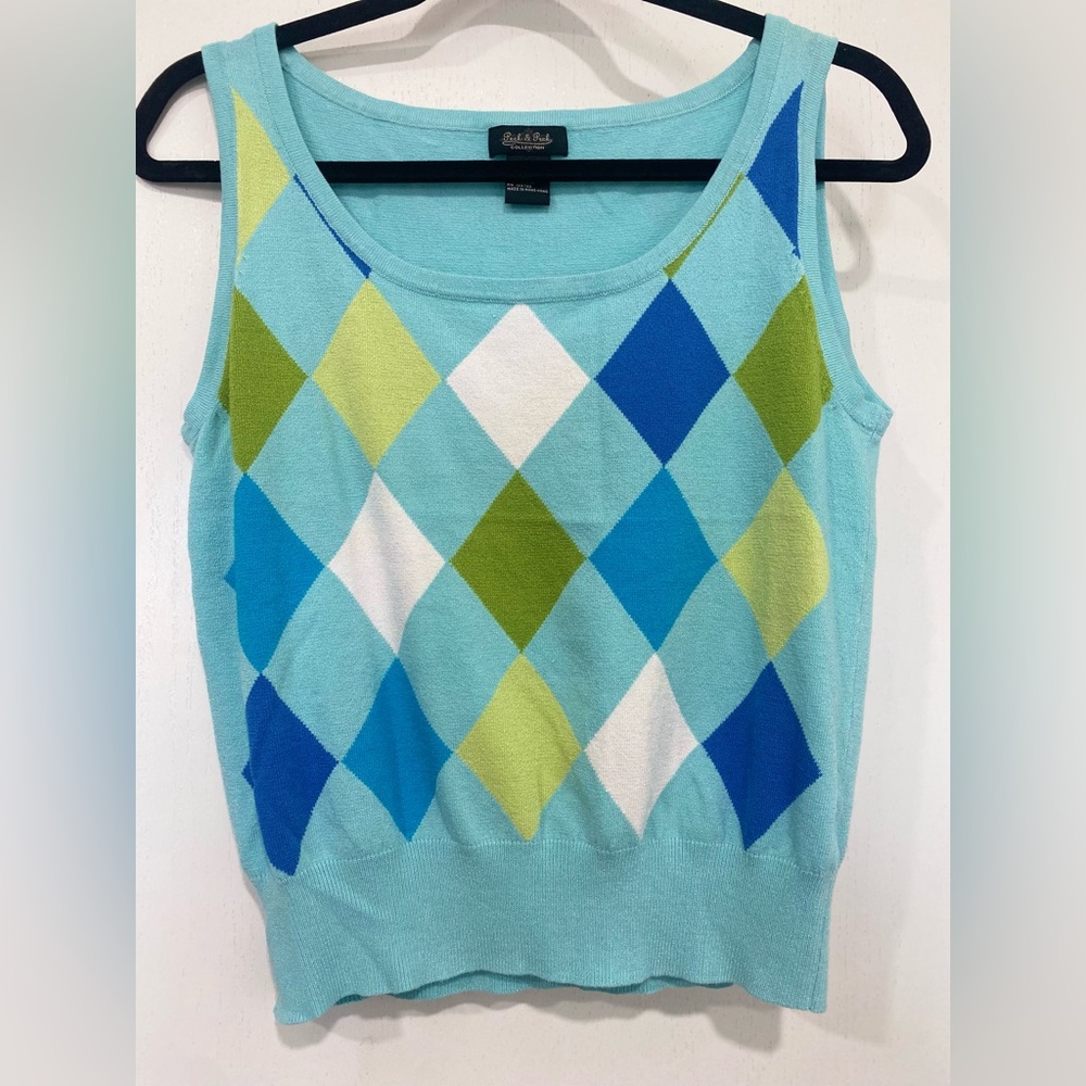 Peck & Peck Blue White Graphic Fitted Tank Top